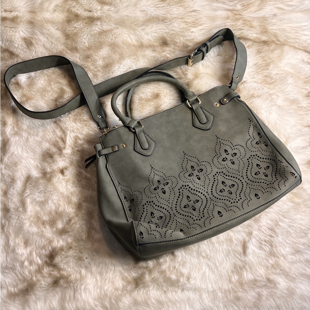 Gray/Green Laser Cut Handbag, with Crossbody Strap